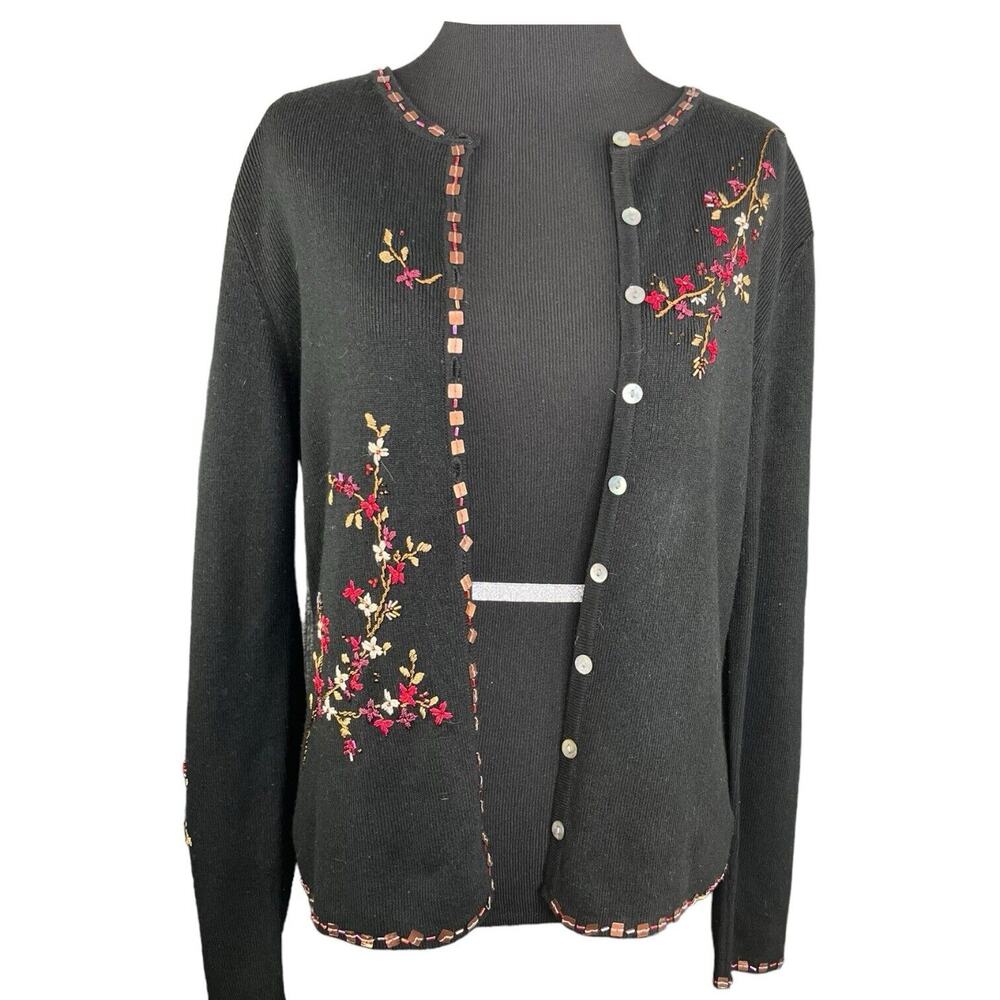 Susan Bristol Silk Blend Fine Gauge Hand Embroidered Black Sweater Cardigan Sz L